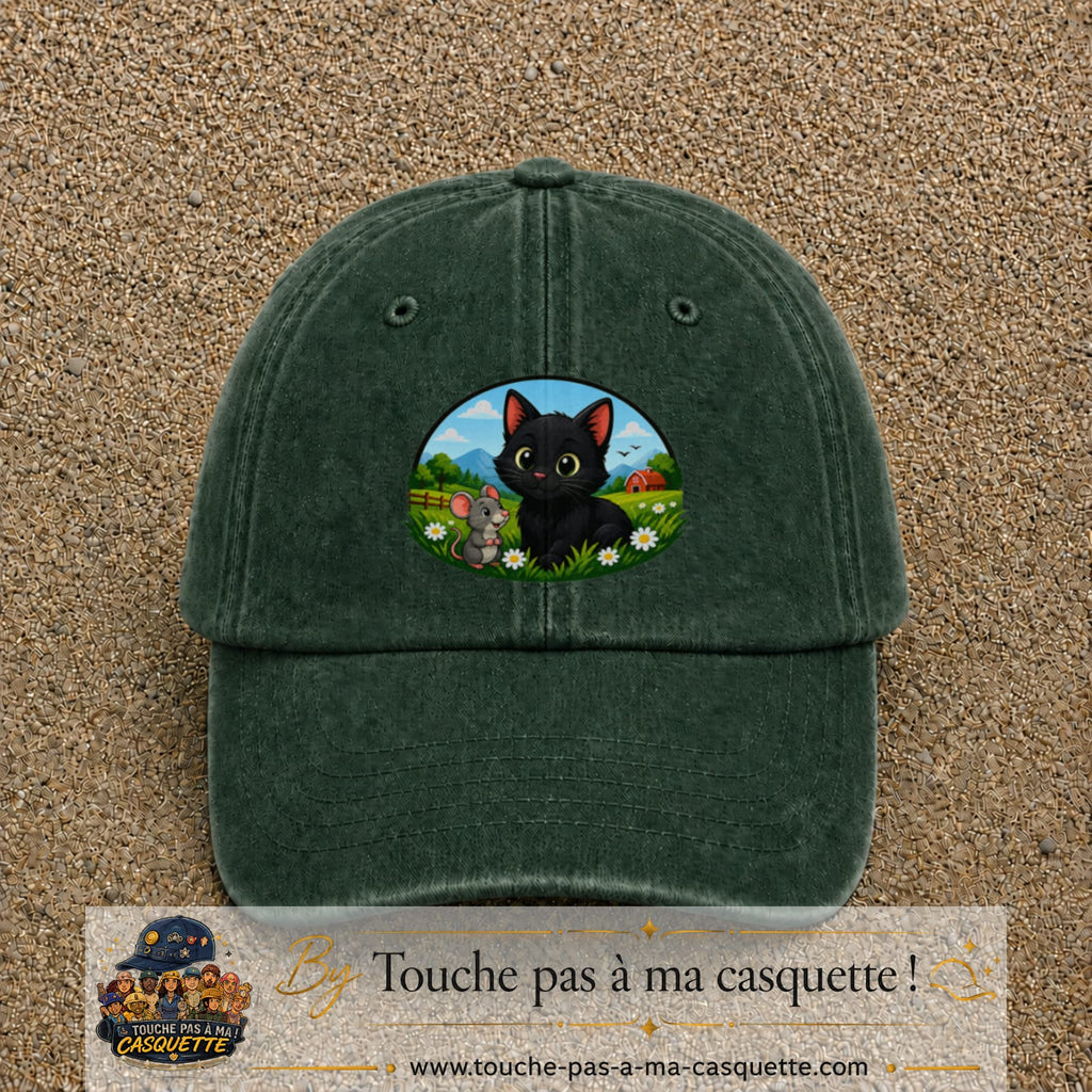 Casquette baseball Vert foncé délavé 100% coton avec visuel Chat et souris à la ferme 7 cm - image produit principale