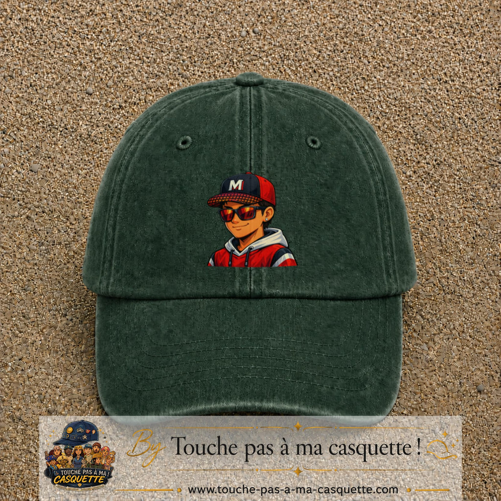 Casquette Vert foncé délavé 100% coton avec motif Garçon casquette rouge et lunettes 7 cm - image principale