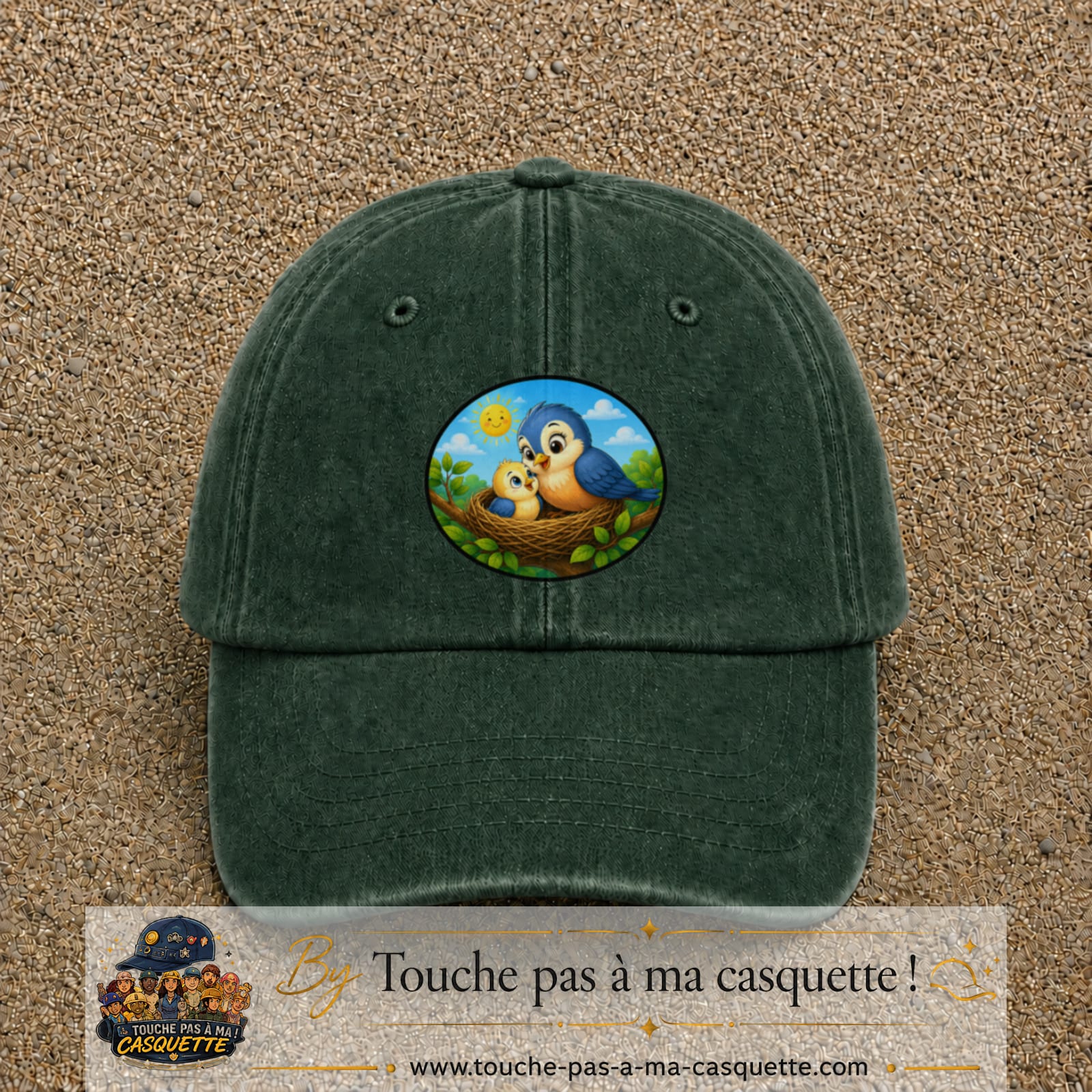 Casquette baseball Vert foncé délavé 100% coton avec visuel Oiseaux au nid 7 cm - image produit principale