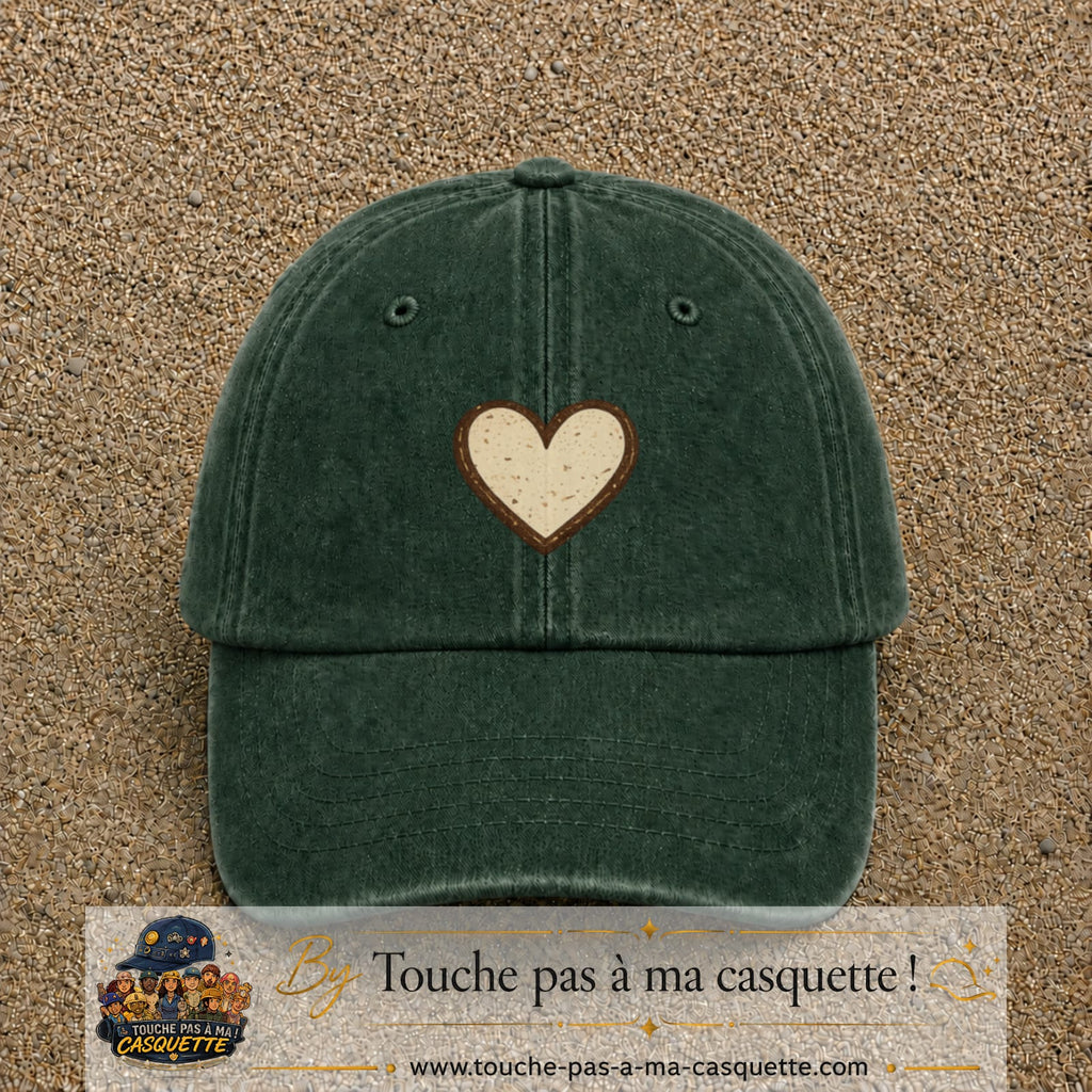 Casquette Vert foncé délavé 100% coton avec motif Cœur bohème 5 cm - image principale