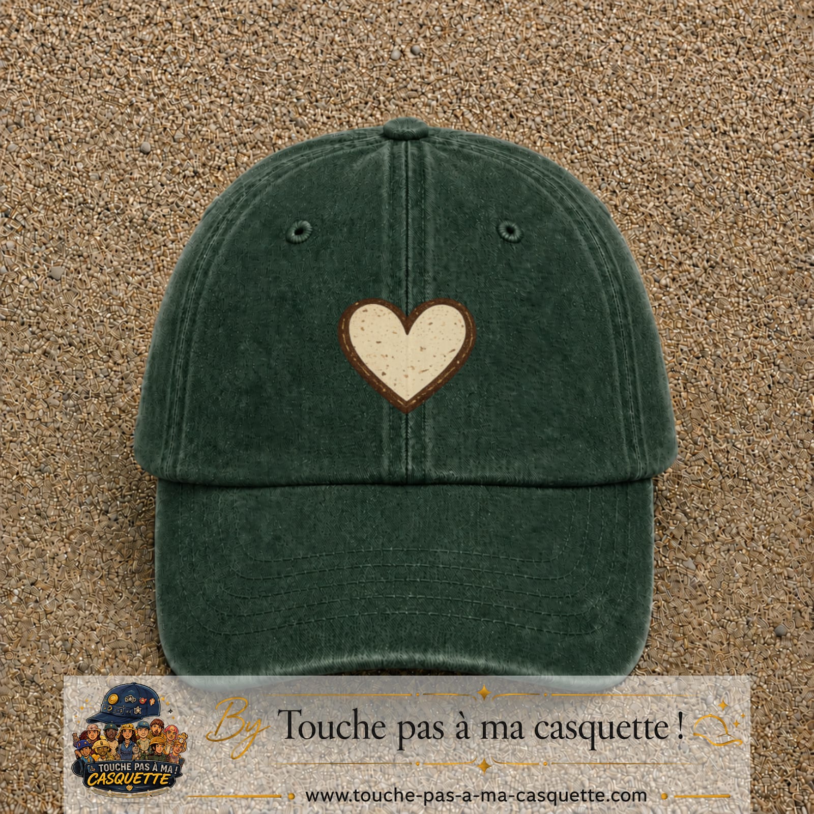 Casquette Vert foncé délavé 100% coton avec motif Cœur bohème 5 cm - image principale