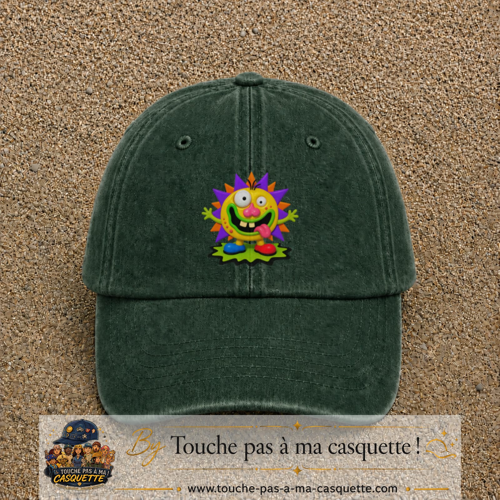 Casquette baseball Vert foncé délavé 100% coton avec visuel Monstre rigolo 7 cm - image produit principale