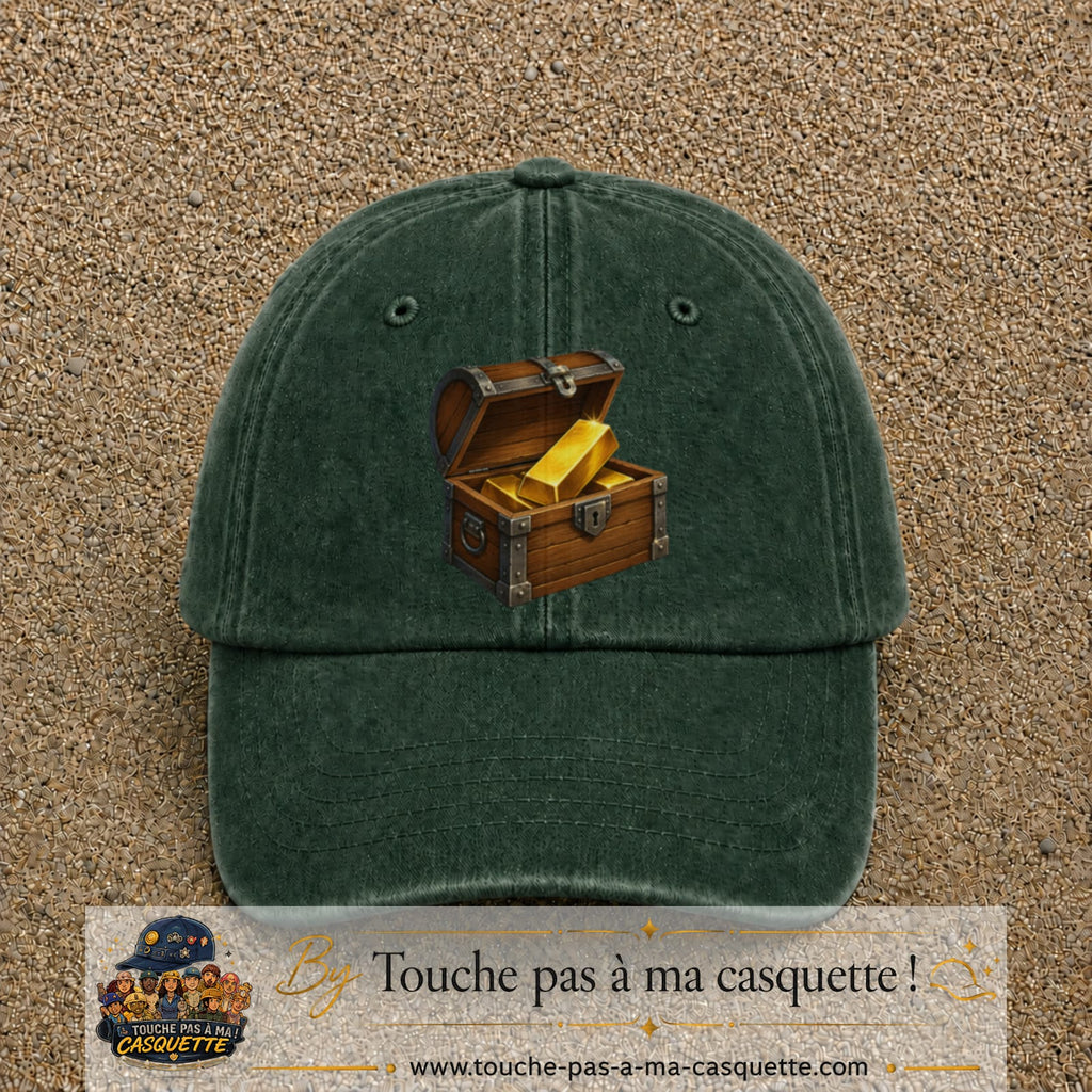 Casquette baseball Vert foncé délavé 100% coton avec motif Coffre au trésor 7 cm - image principale