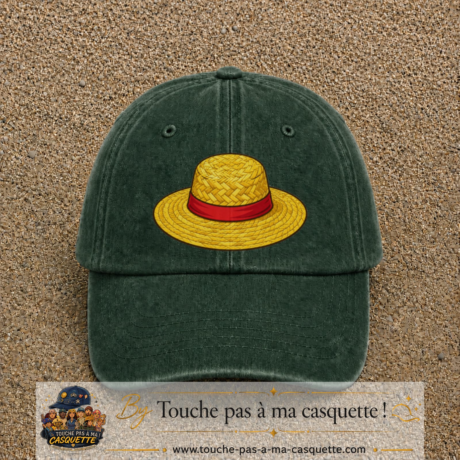 Casquette baseball Vert foncé délavé 100% coton avec motif Chapeau de paille 7 cm - image principale