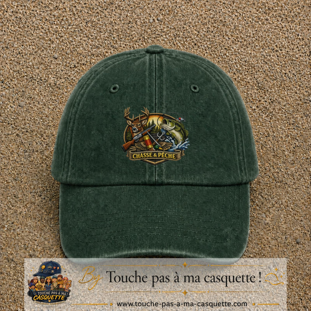Casquette Vert foncé délavé motif Chasse et pêche 7 cm - vue principale