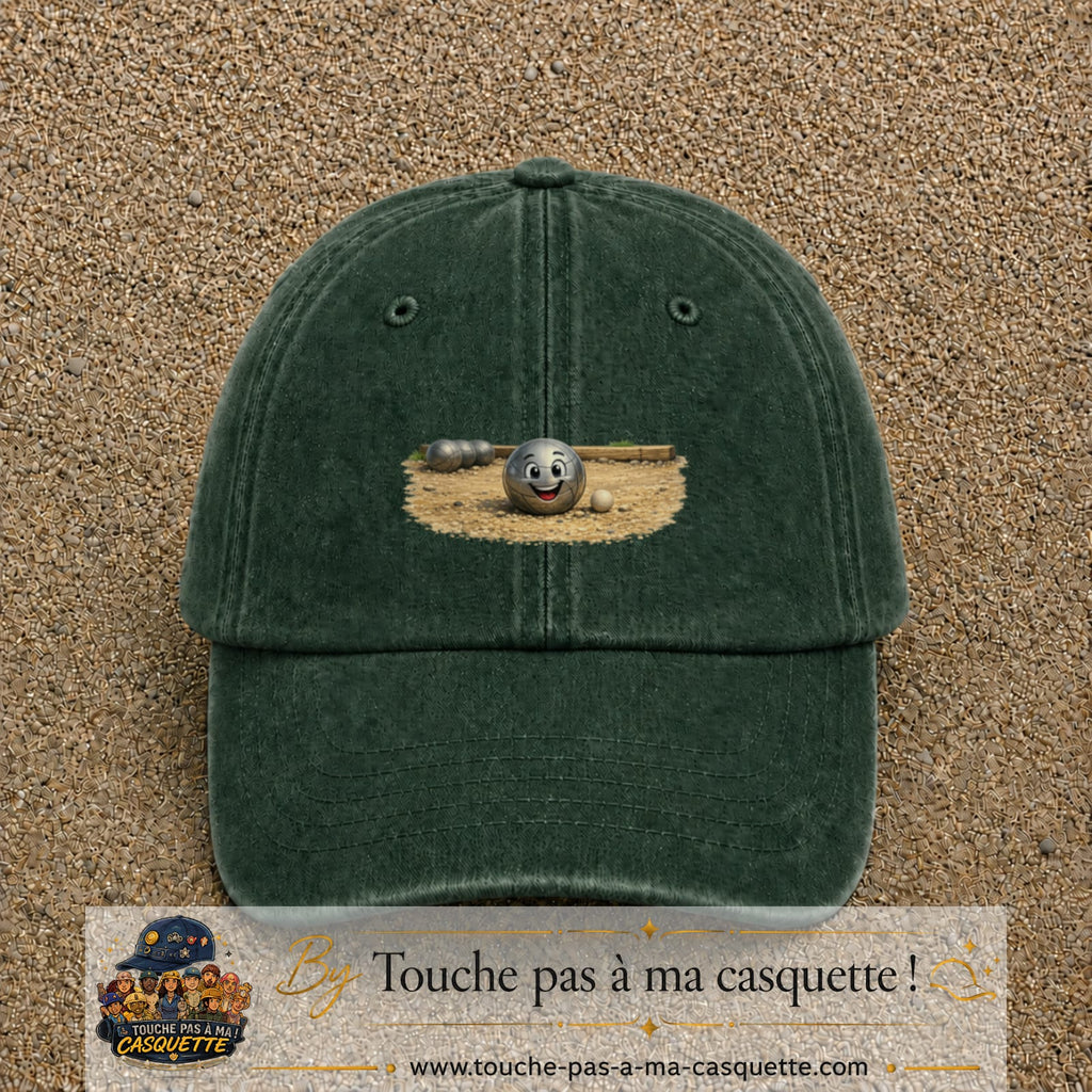 Casquette baseball Vert foncé délavé 100% coton avec motif Boule de pétanque souriante 7 cm - image principale