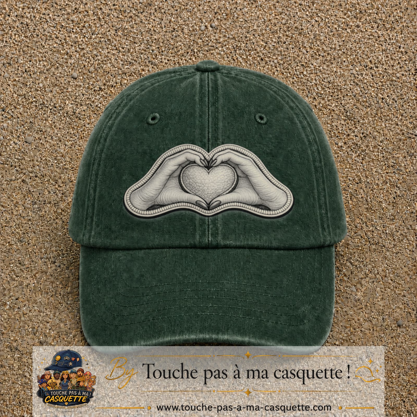 Casquette Vert foncé délavé motif Mains formant un cœur 7 cm - vue principale
