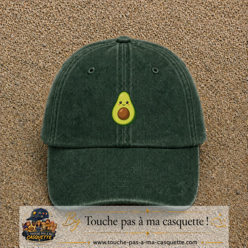 Casquette baseball Vert foncé délavé 100% coton avec visuel Avocat kawaii 5 cm - image produit principale