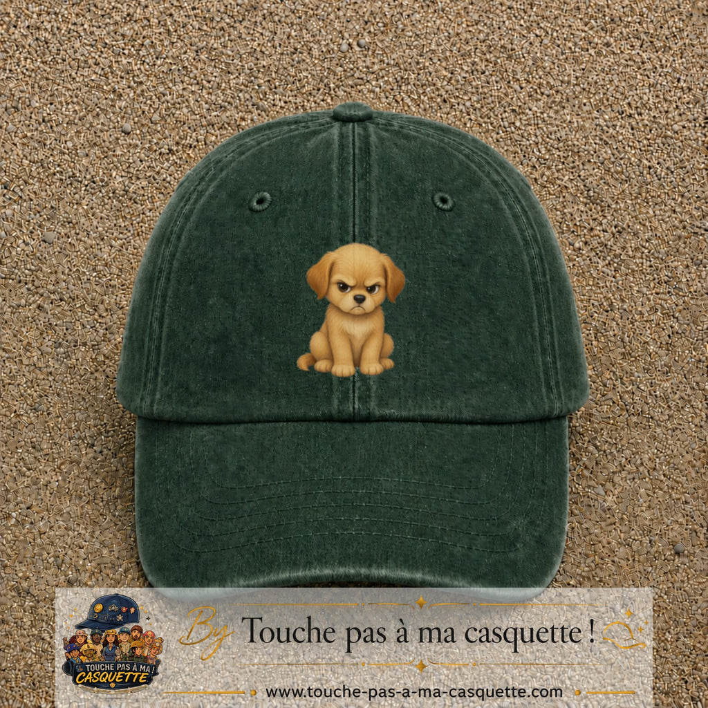 Casquette baseball Vert foncé délavé 100% coton avec motif Chiot boudeur 7 cm - image principale