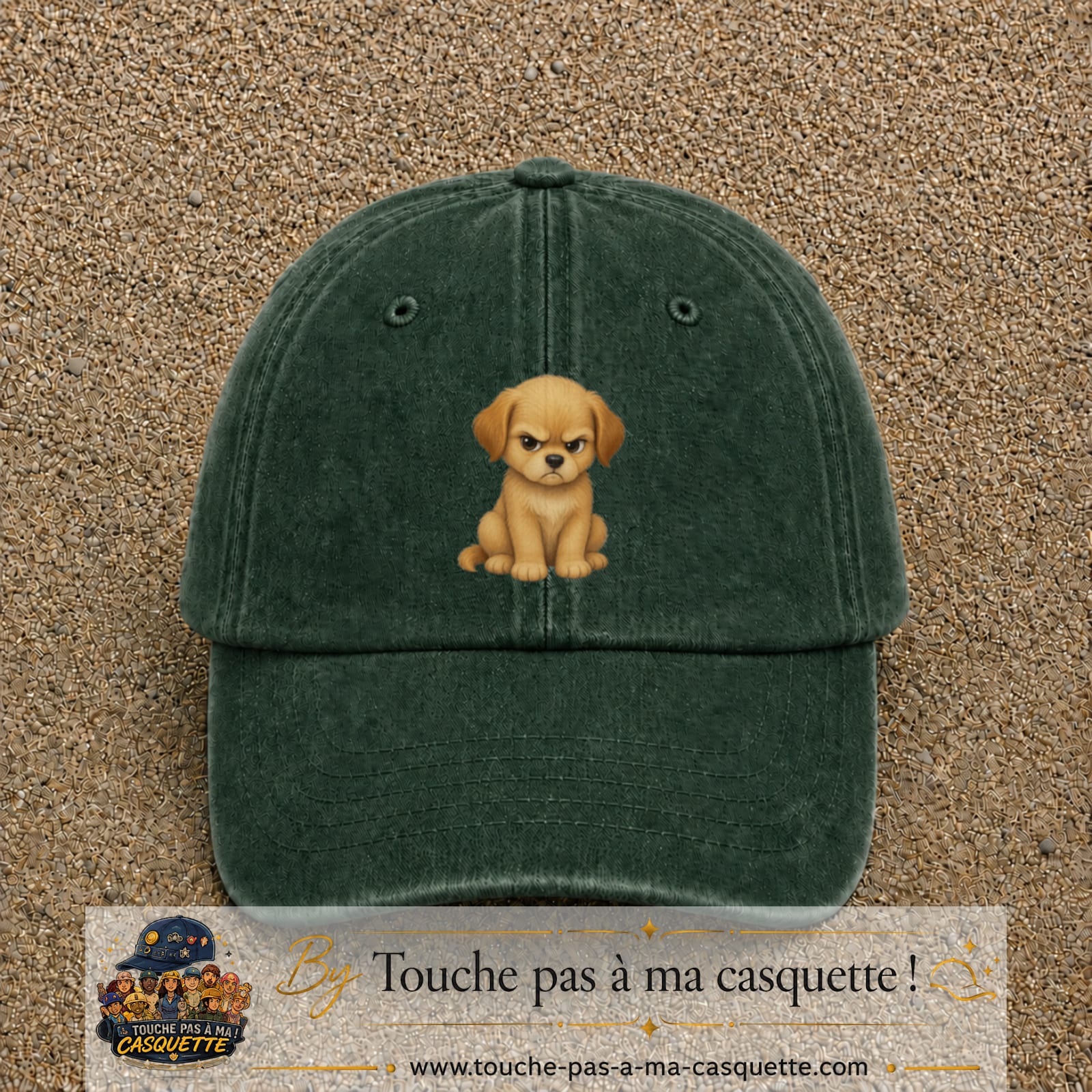 Casquette baseball Vert foncé délavé 100% coton avec motif Chiot boudeur 7 cm - image principale