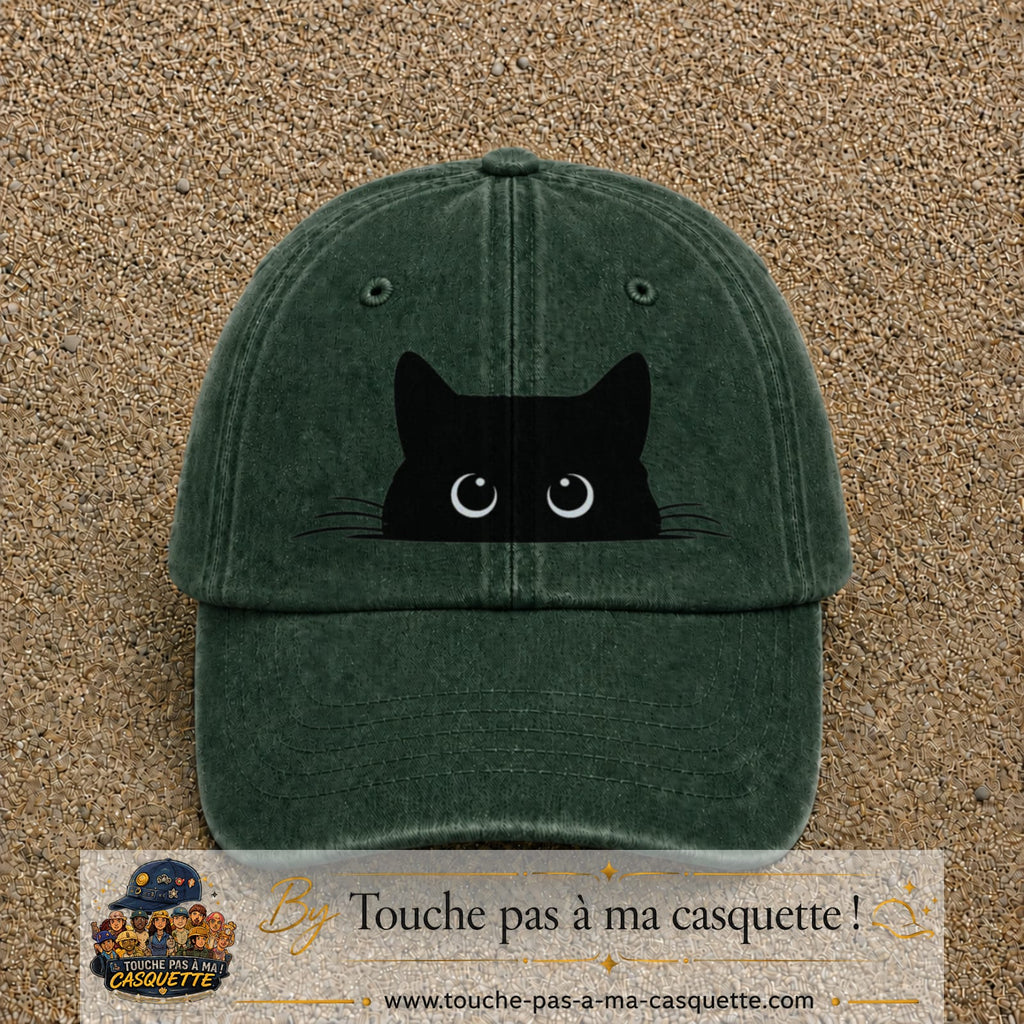 Casquette baseball Vert foncé délavé 100% coton avec visuel Chat noir cache-cache 7 cm - image produit principale