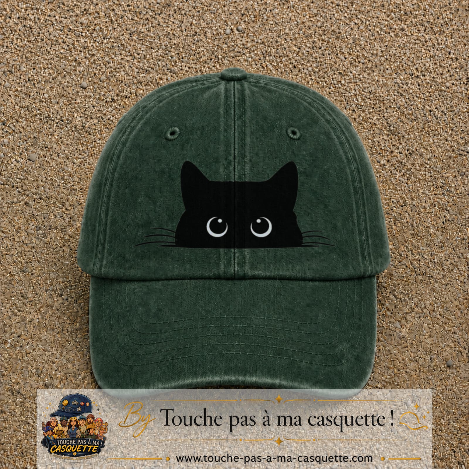 Casquette baseball Vert foncé délavé 100% coton avec visuel Chat noir cache-cache 7 cm - image produit principale