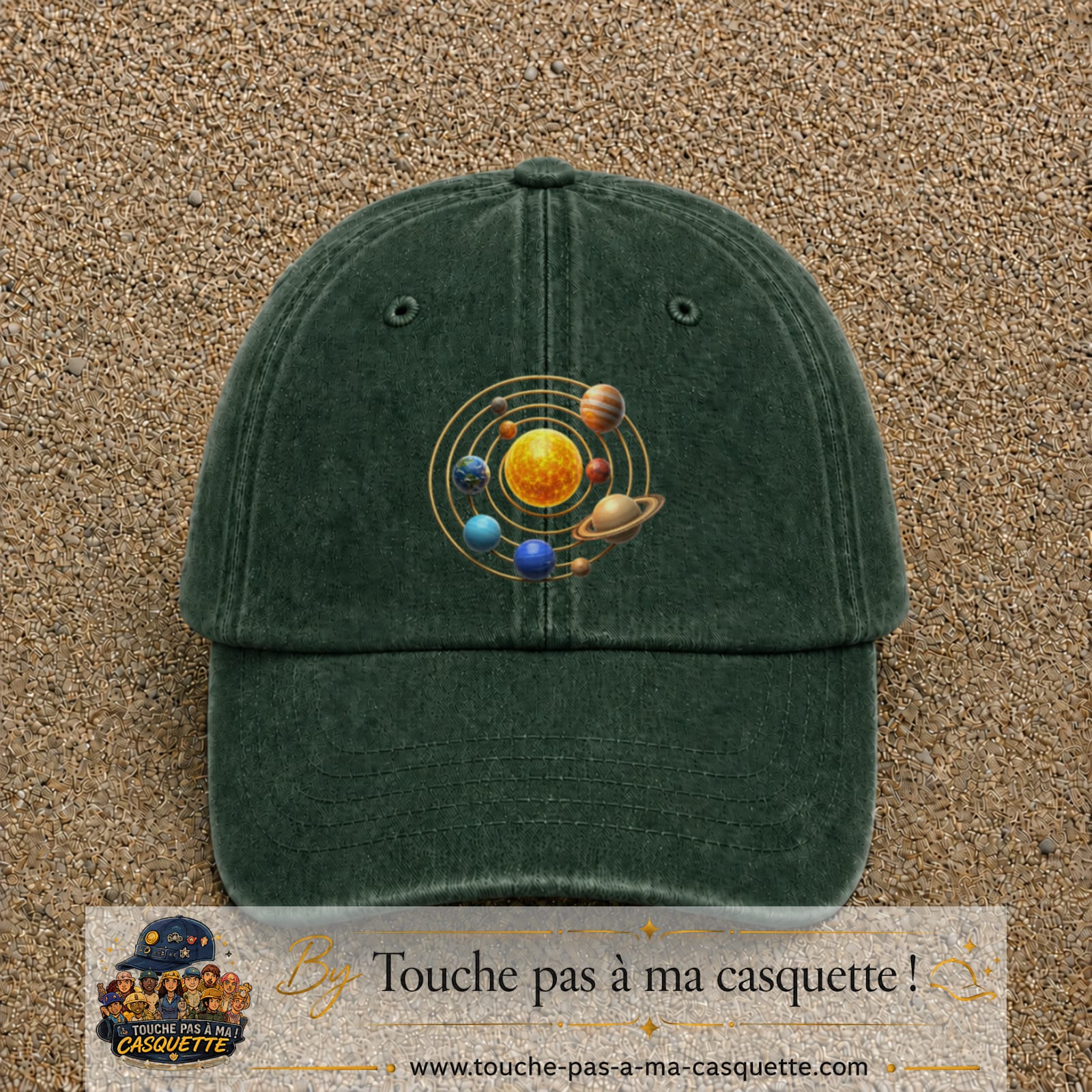 Casquette baseball Vert foncé délavé 100% coton avec visuel Système solaire 7 cm - image produit principale