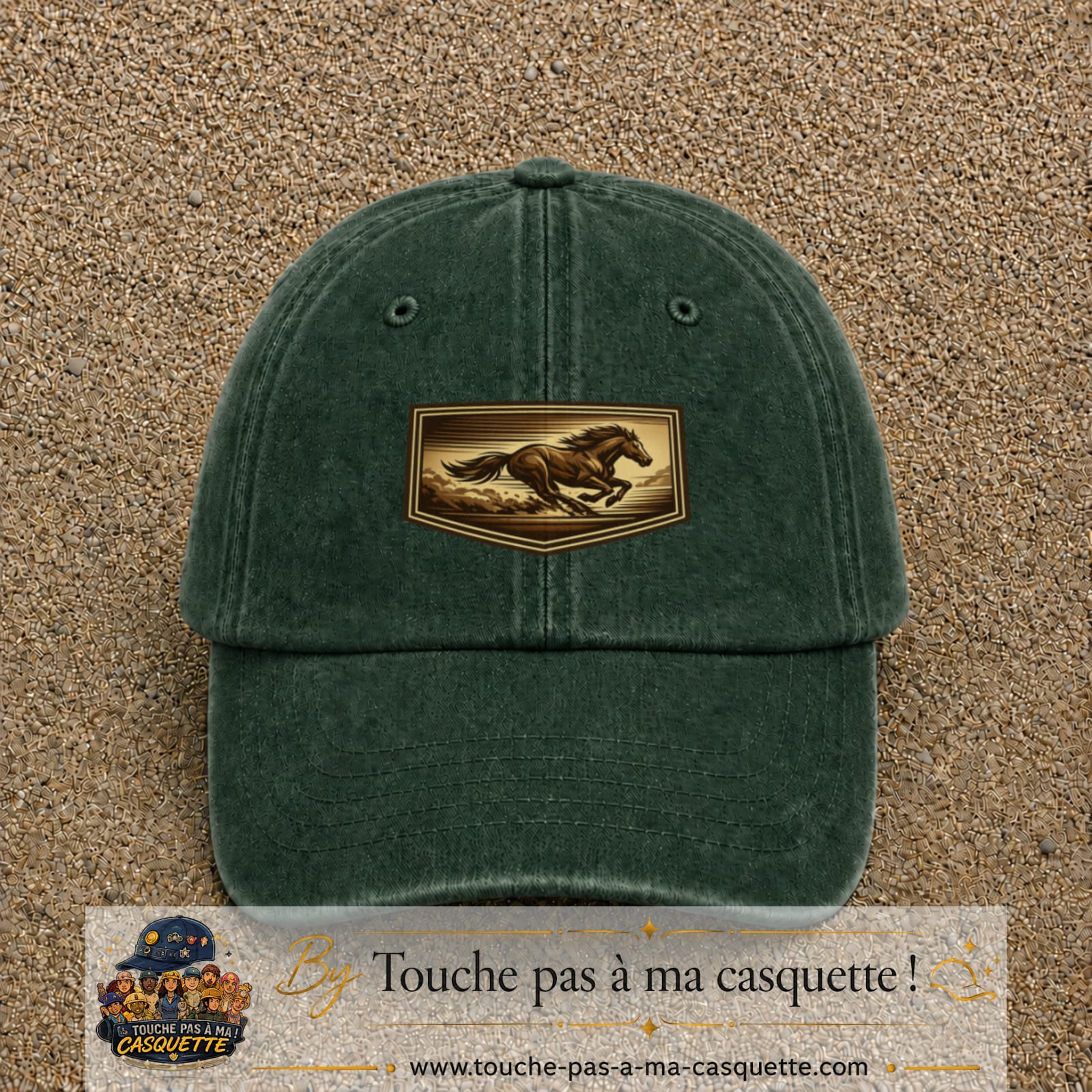 Casquette baseball Vert foncé délavé 100% coton avec visuel Cheval en course 5 cm - image produit principale