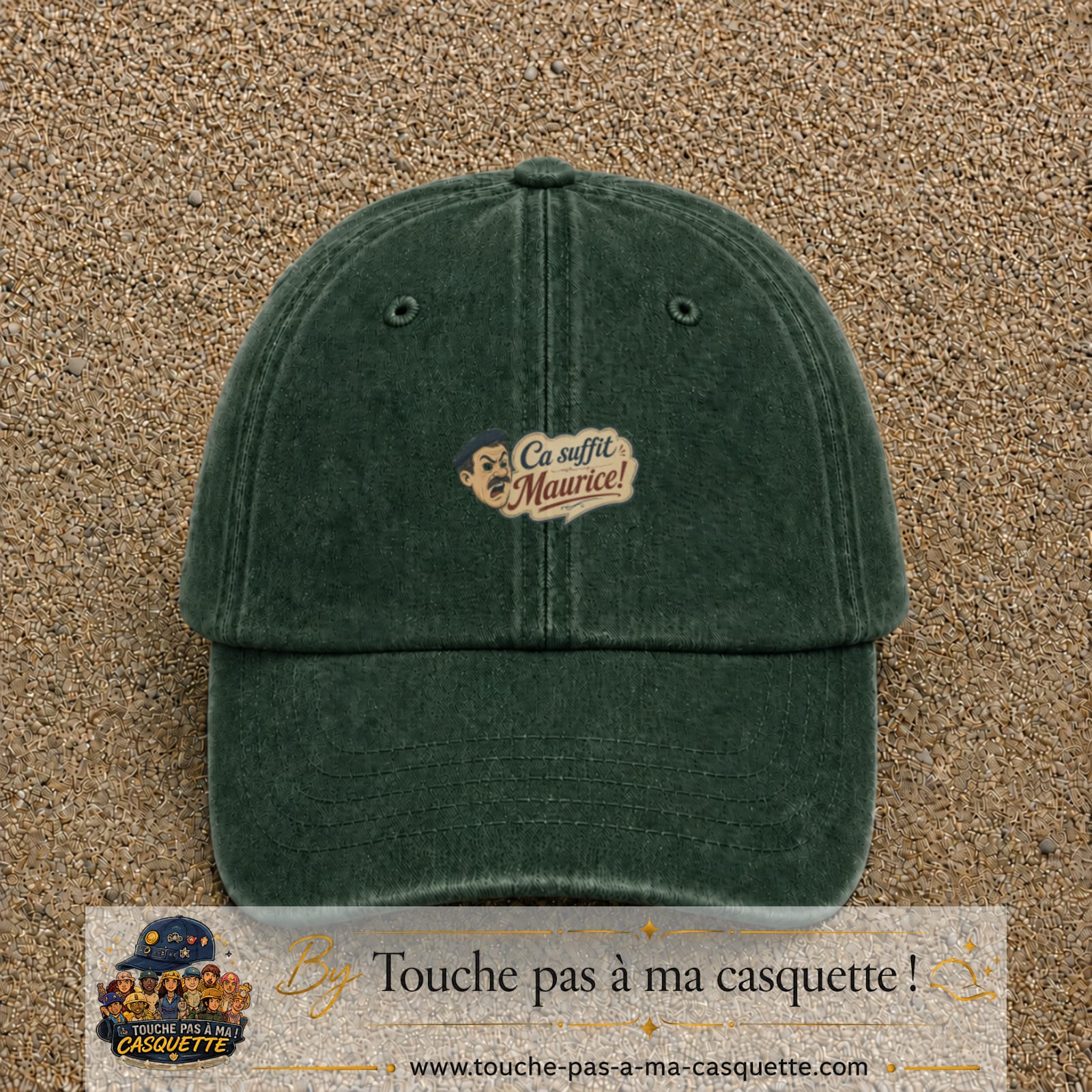 Casquette baseball Vert foncé délavé 100% coton avec visuel Ça suffit Maurice avec personnage 3 cm - image produit principale