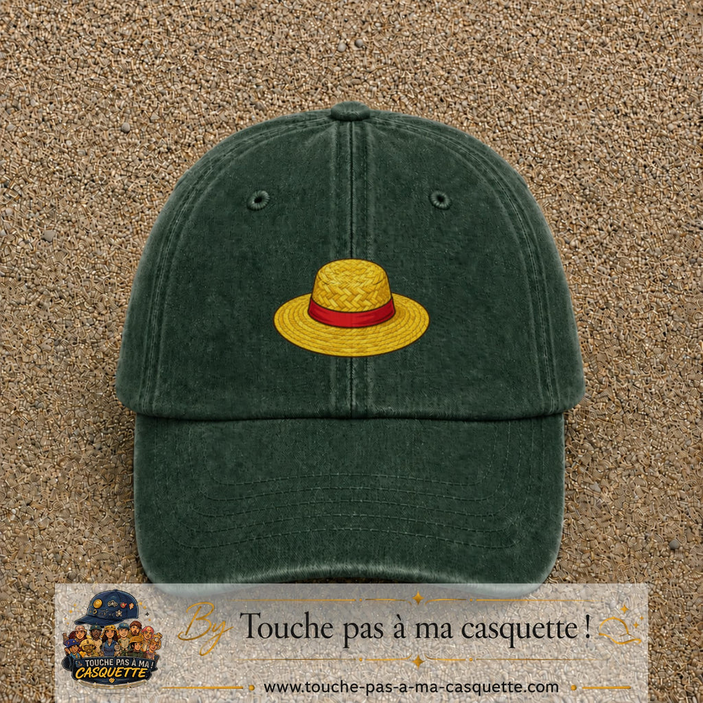 Casquette baseball Vert foncé délavé 100% coton avec motif Chapeau de paille 3 cm - image principale
