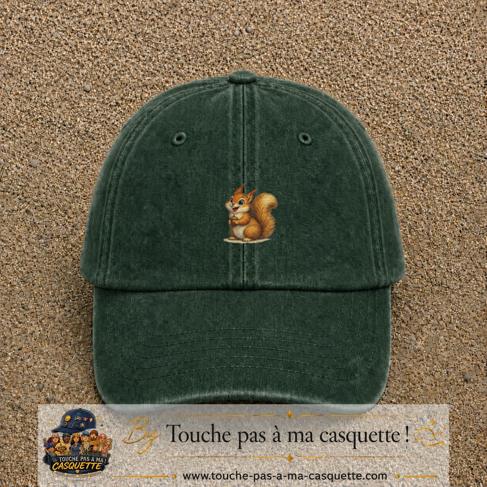 Casquette baseball Vert foncé délavé 100% coton avec visuel Écureuil 7 cm - image produit principale