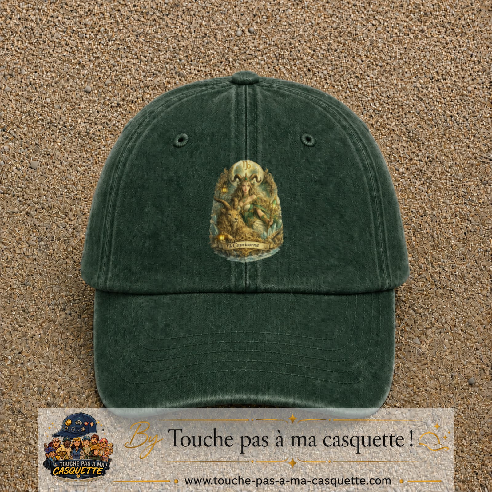 Casquette baseball Vert foncé délavé 100% coton avec motif Capricorne astrologique 7 cm - image principale