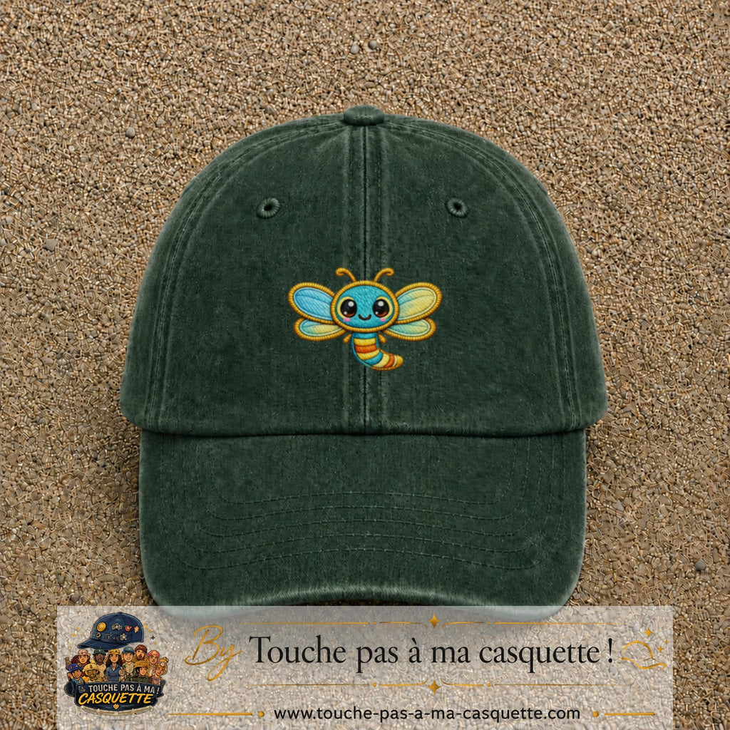 Casquette Vert foncé délavé motif Libellule multicolore 5 cm - vue principale