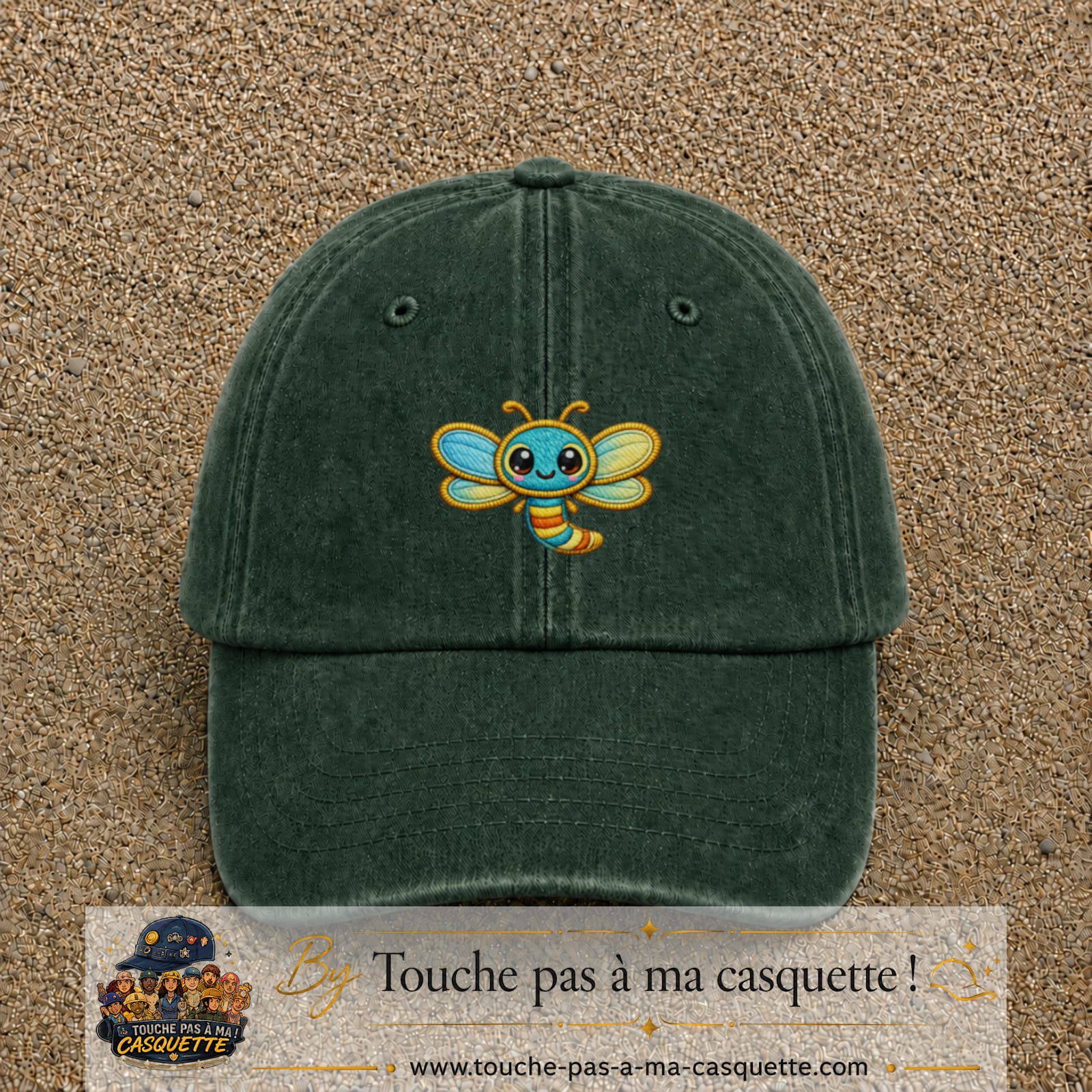 Casquette Vert foncé délavé motif Libellule multicolore 5 cm - vue principale