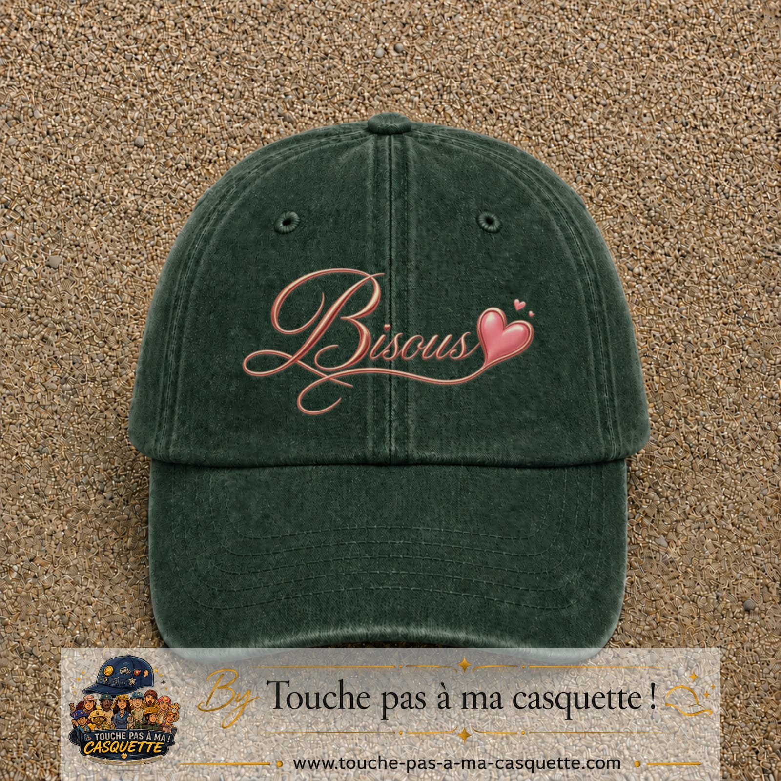 Casquette baseball Vert foncé délavé 100% coton avec visuel Bisous cœur 7 cm - image produit principale