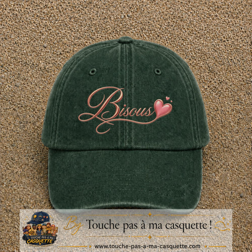 Casquette baseball Vert foncé délavé 100% coton avec visuel Bisous cœur 7 cm - image produit principale