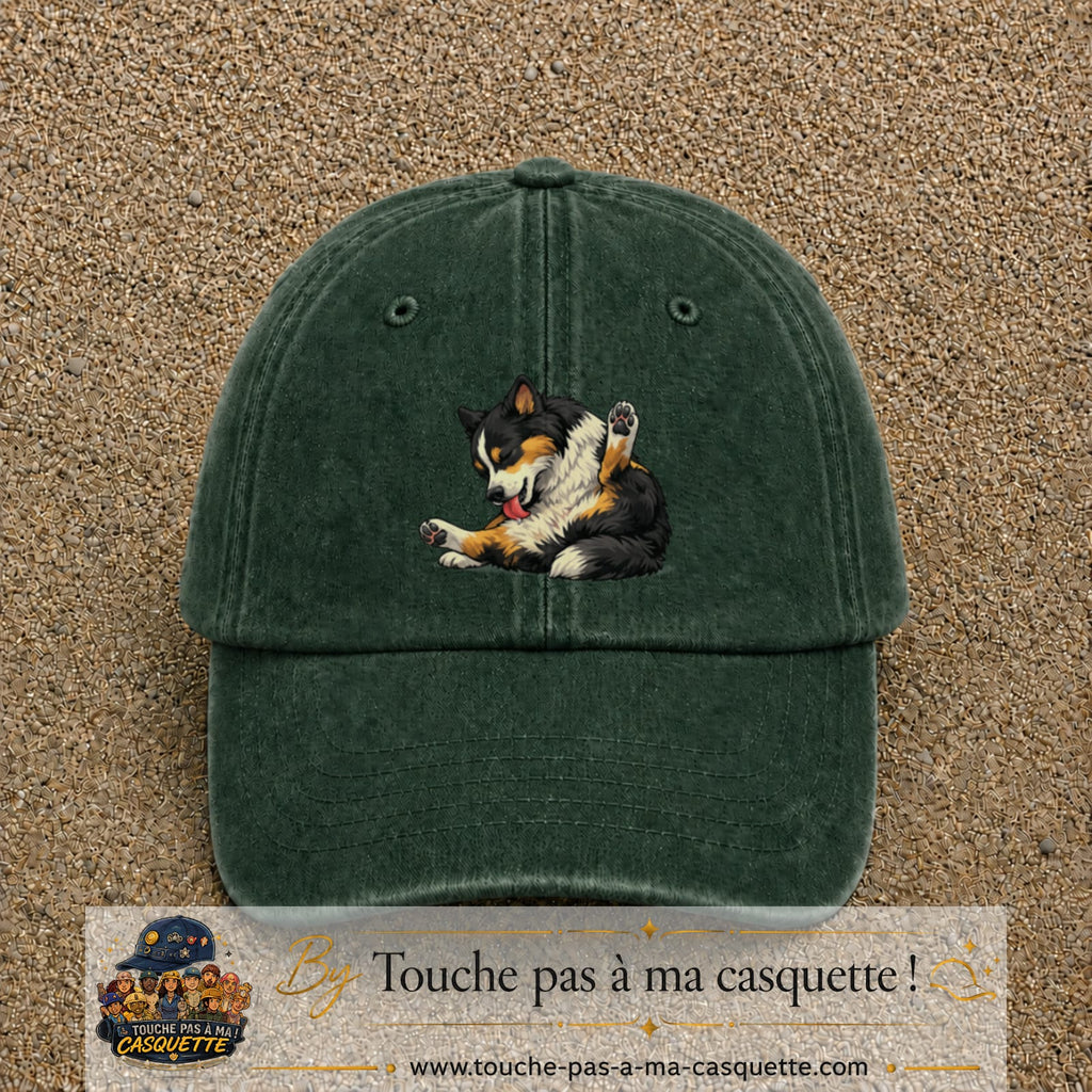 Casquette baseball Vert foncé délavé 100% coton avec motif Chien joueur 7 cm - image principale