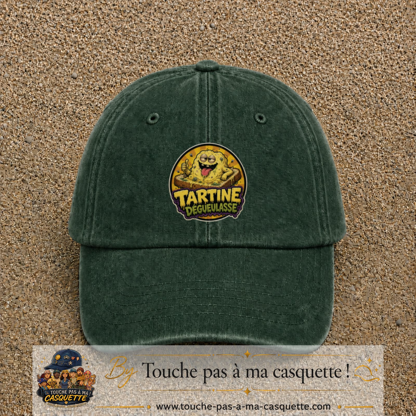 Casquette baseball Vert foncé délavé 100% coton avec visuel Tartine dégueulasse 7 cm - image produit principale