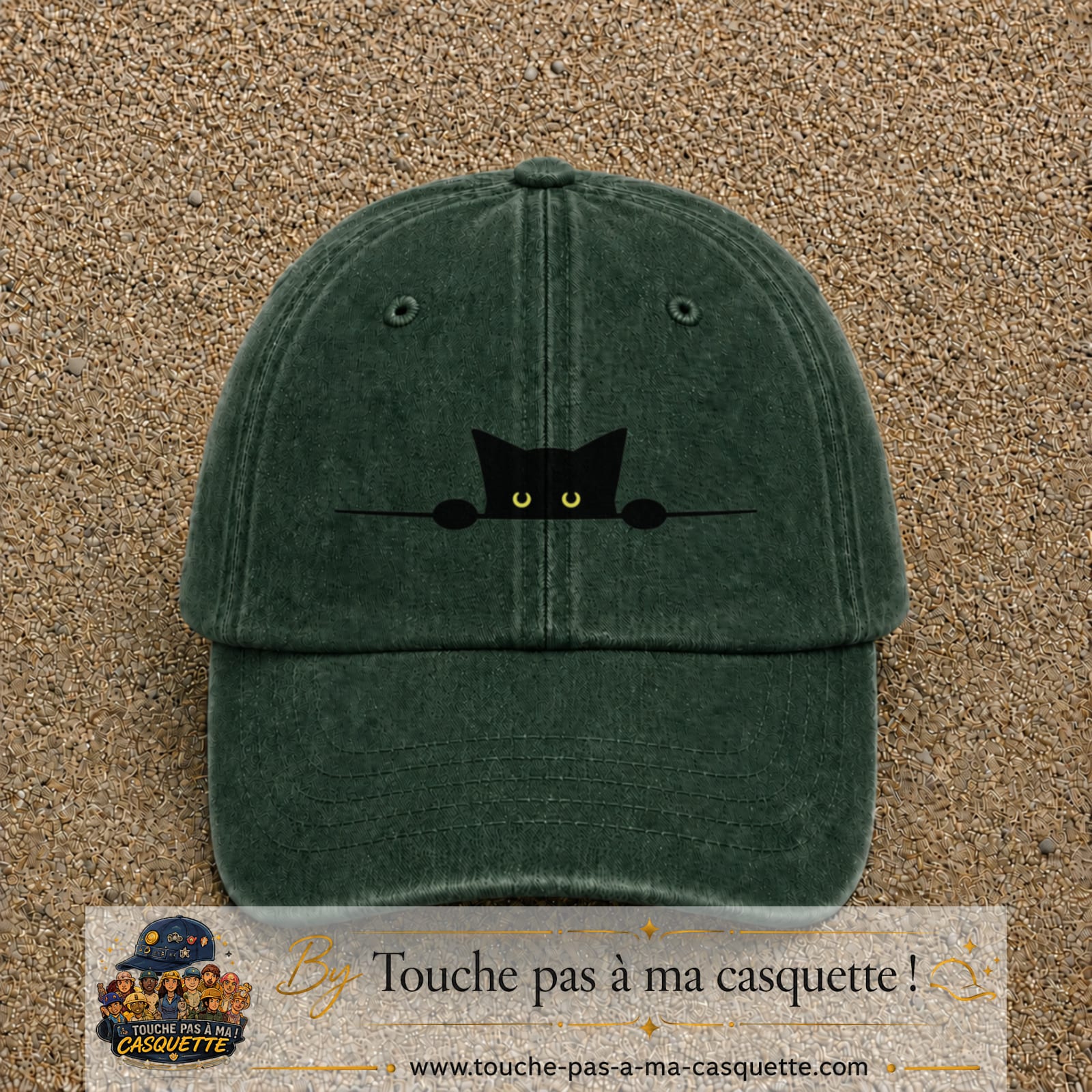 Casquette baseball Vert foncé délavé 100% coton avec visuel Chat noir curieux 5 cm - image produit principale