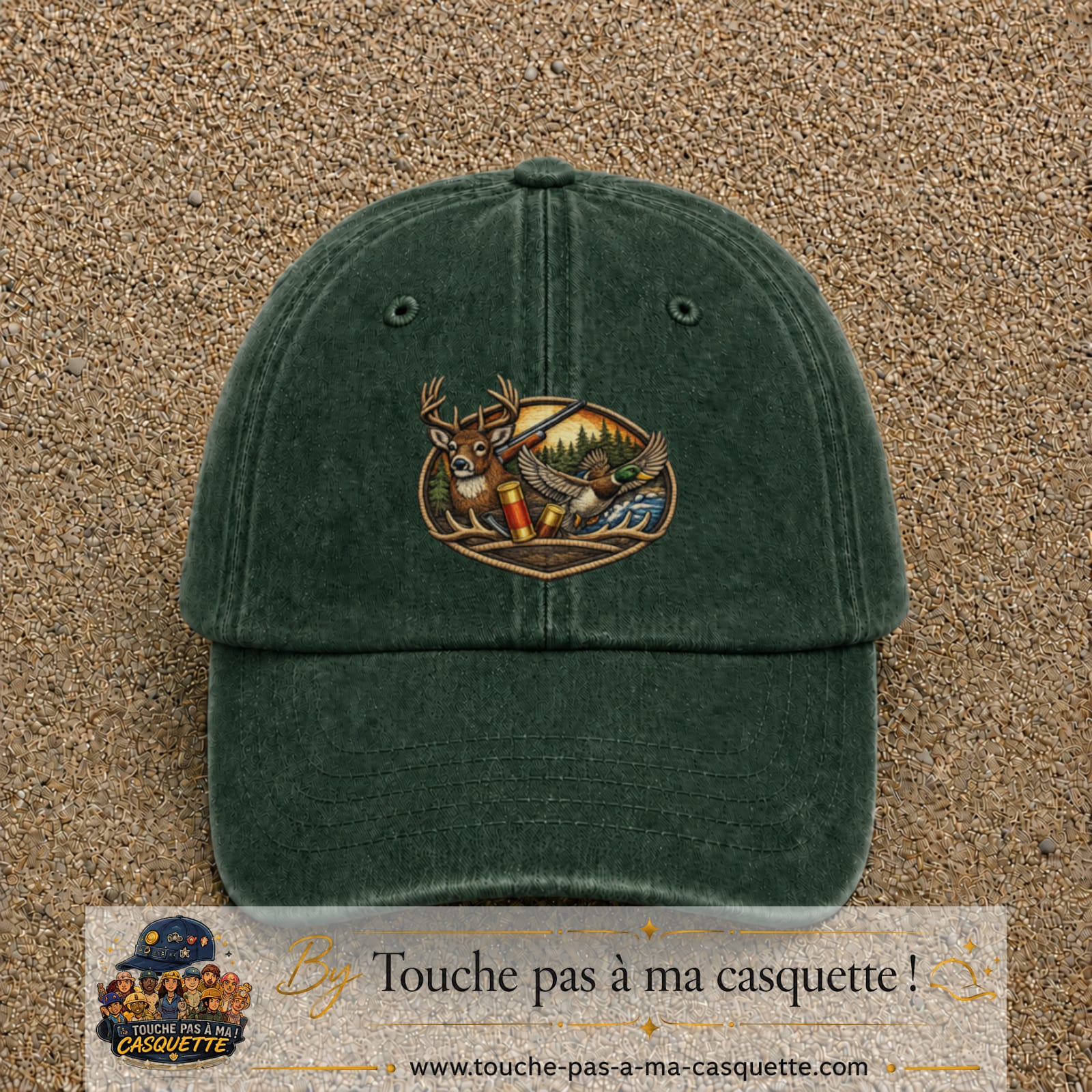Casquette Vert foncé délavé motif Scène de chasse 7 cm - vue principale