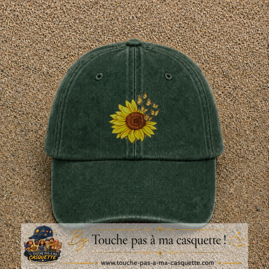 Casquette Vert foncé délavé motif Tournesol avec papillons 7 cm - vue principale