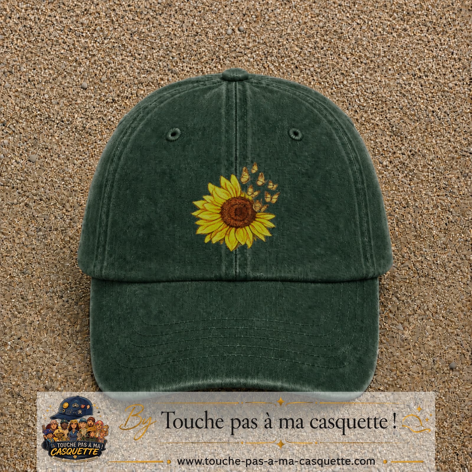 Casquette Vert foncé délavé motif Tournesol avec papillons 7 cm - vue principale