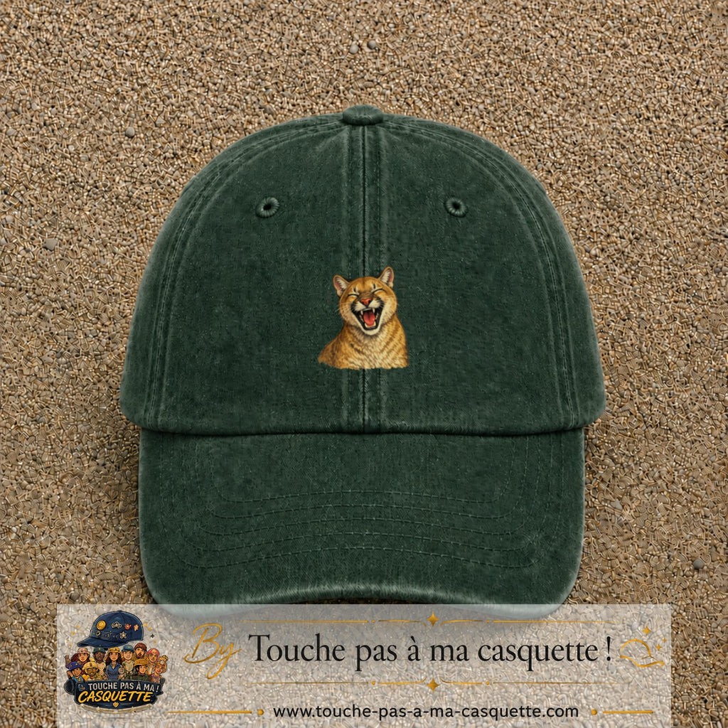 Casquette Vert foncé délavé 100% coton avec motif Félin sauvage qui rit 5 cm - image principale