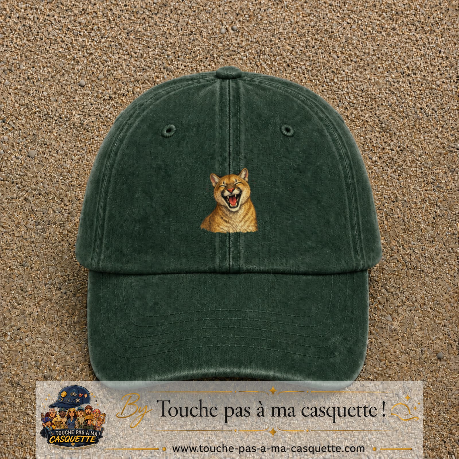 Casquette Vert foncé délavé 100% coton avec motif Félin sauvage qui rit 5 cm - image principale