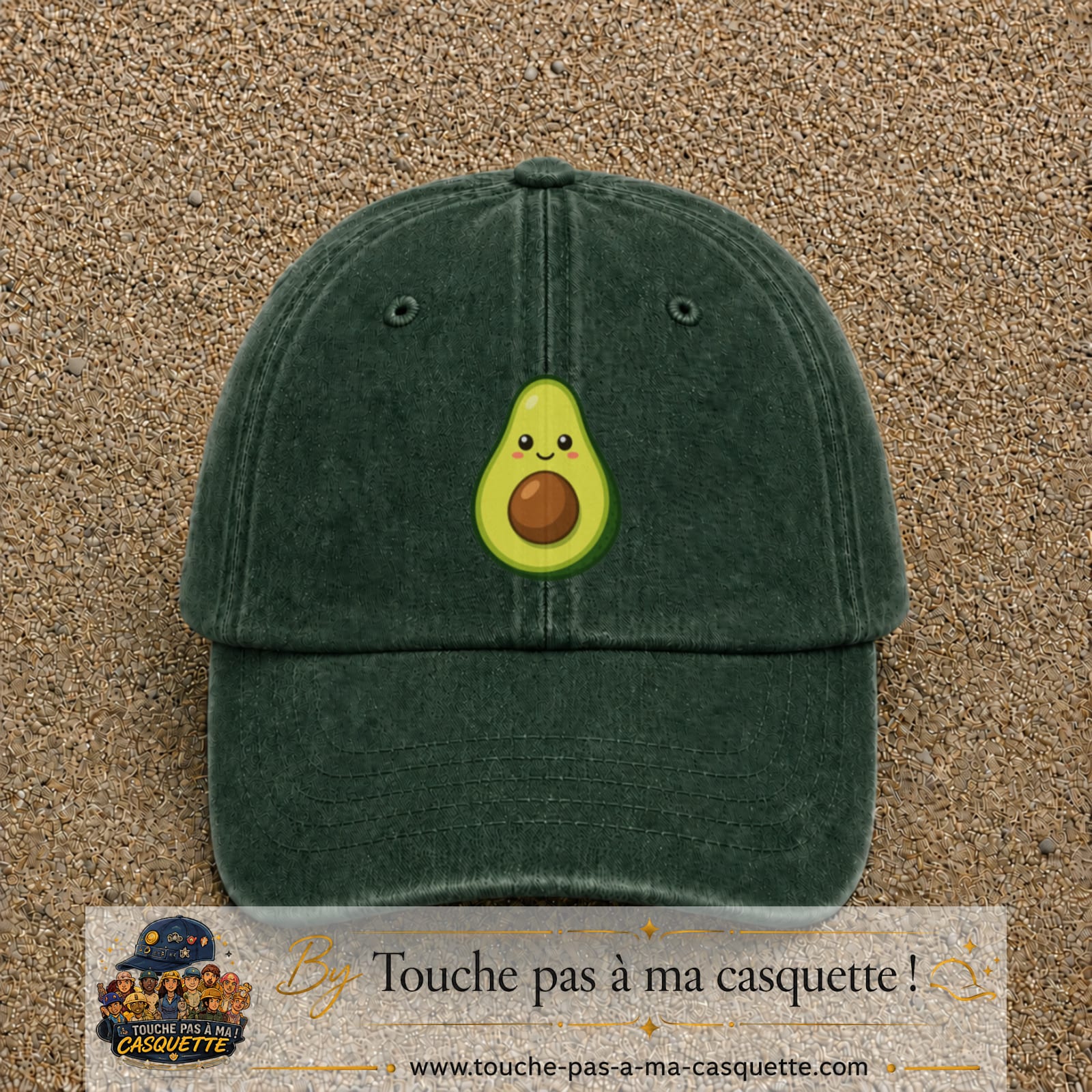 Casquette baseball Vert foncé délavé 100% coton avec visuel Avocat kawaii 7 cm - image produit principale