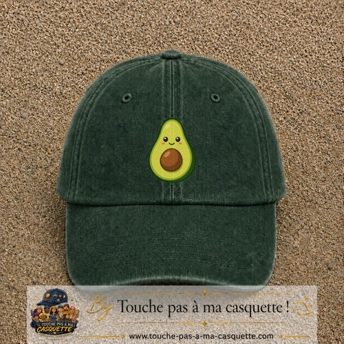 Casquette baseball Vert foncé délavé 100% coton avec visuel Avocat kawaii 7 cm - image produit principale