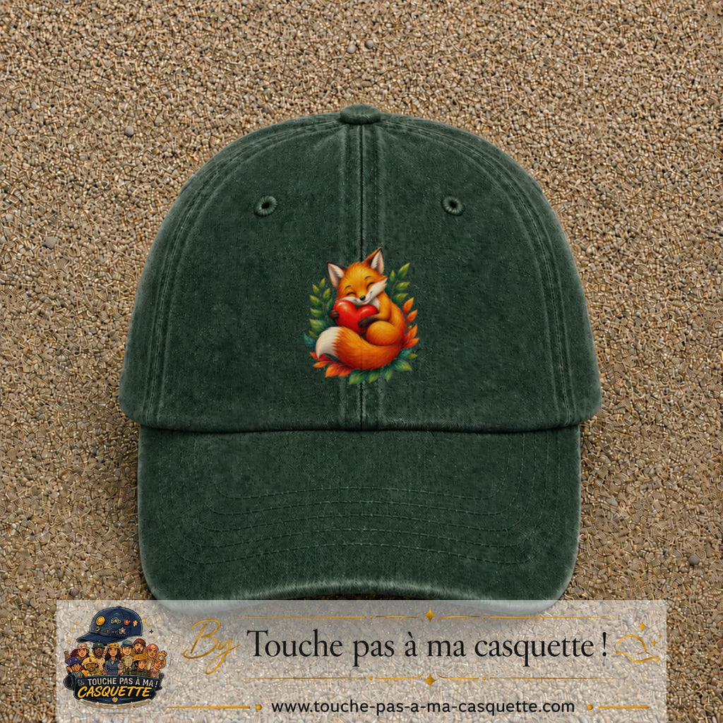 Casquette baseball Vert foncé délavé 100% coton avec motif Renard au cœur 7 cm - image principale