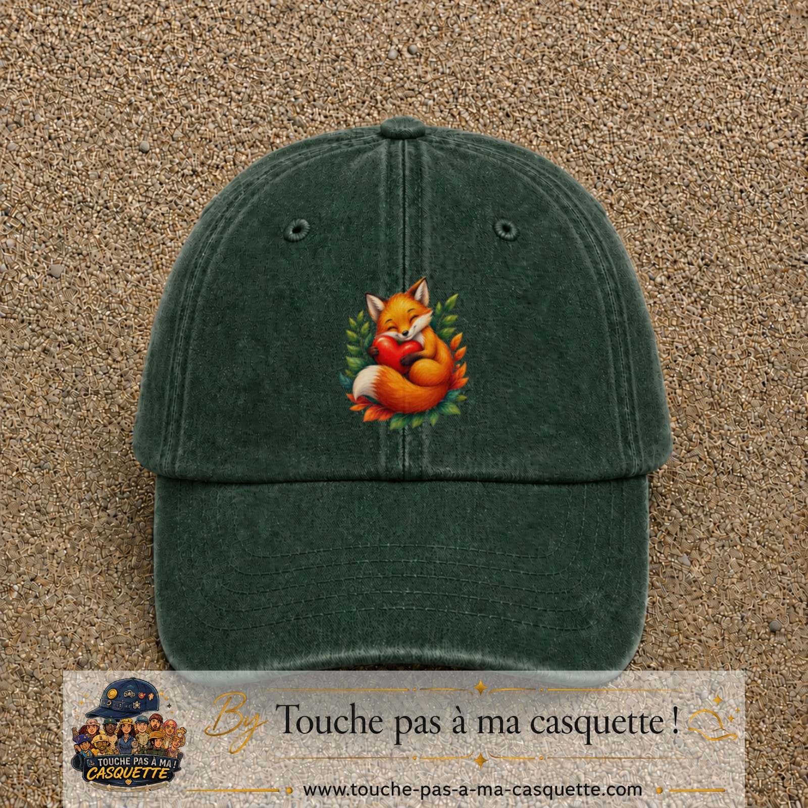 Casquette baseball Vert foncé délavé 100% coton avec motif Renard au cœur 7 cm - image principale