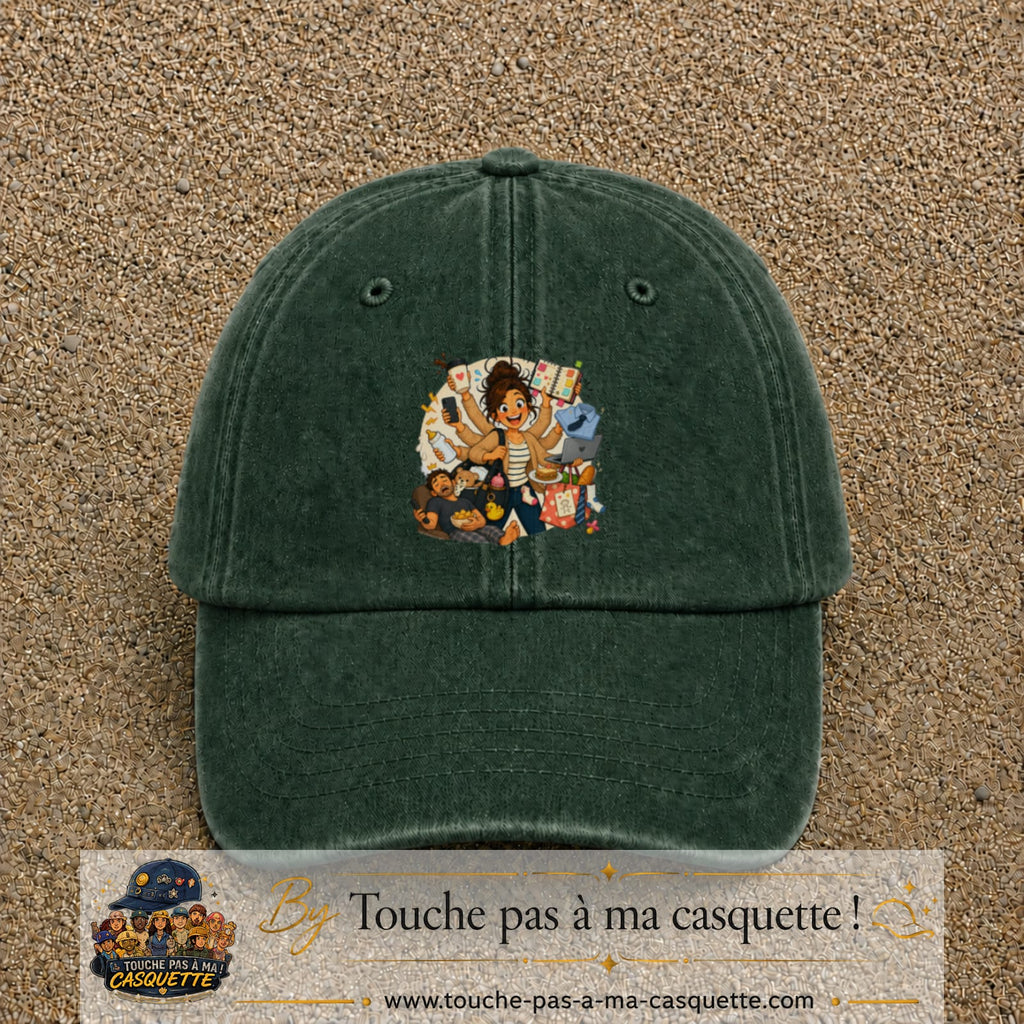 Casquette baseball Vert foncé délavé 100% coton avec visuel Maman multitâche 7 cm - image produit principale