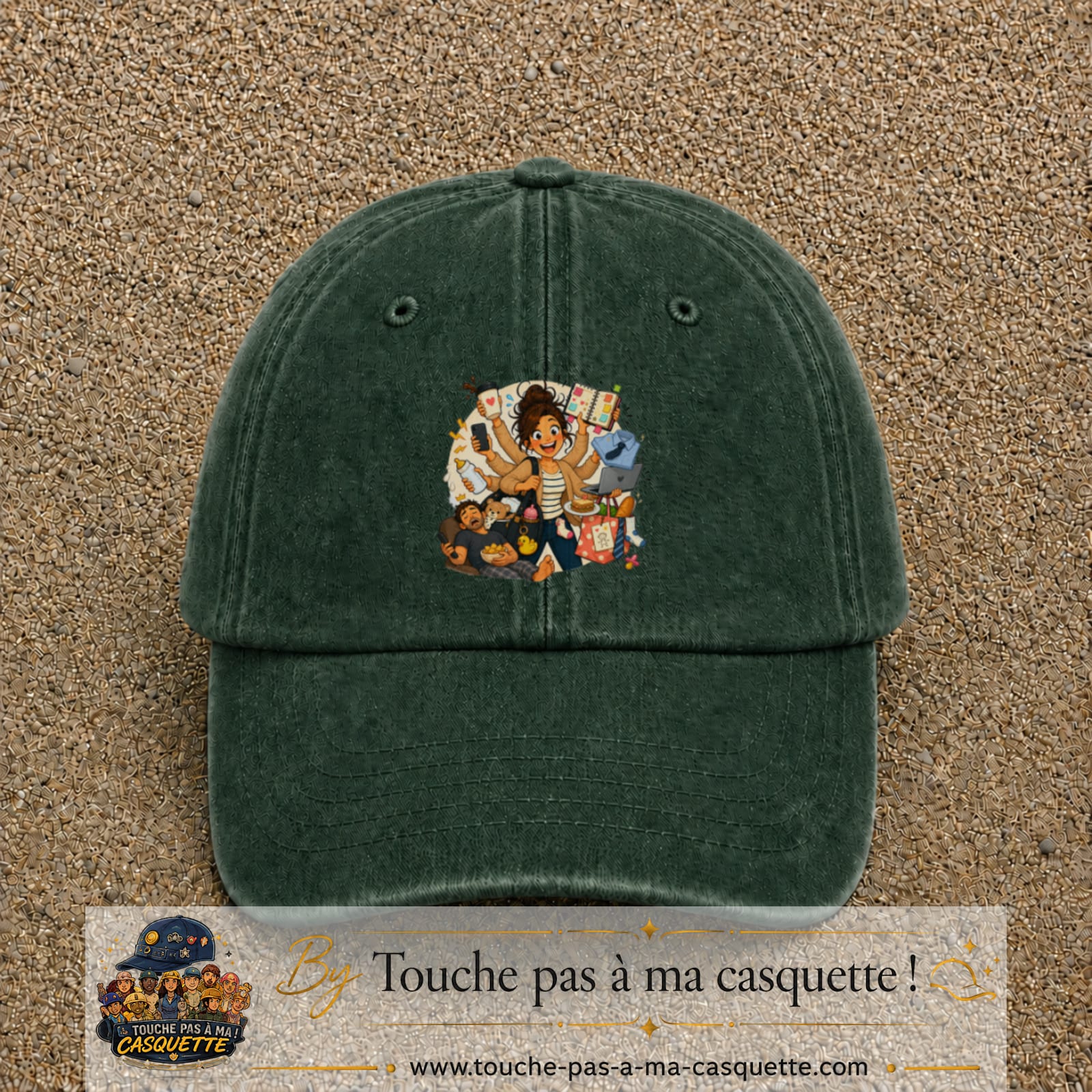 Casquette baseball Vert foncé délavé 100% coton avec visuel Maman multitâche 7 cm - image produit principale