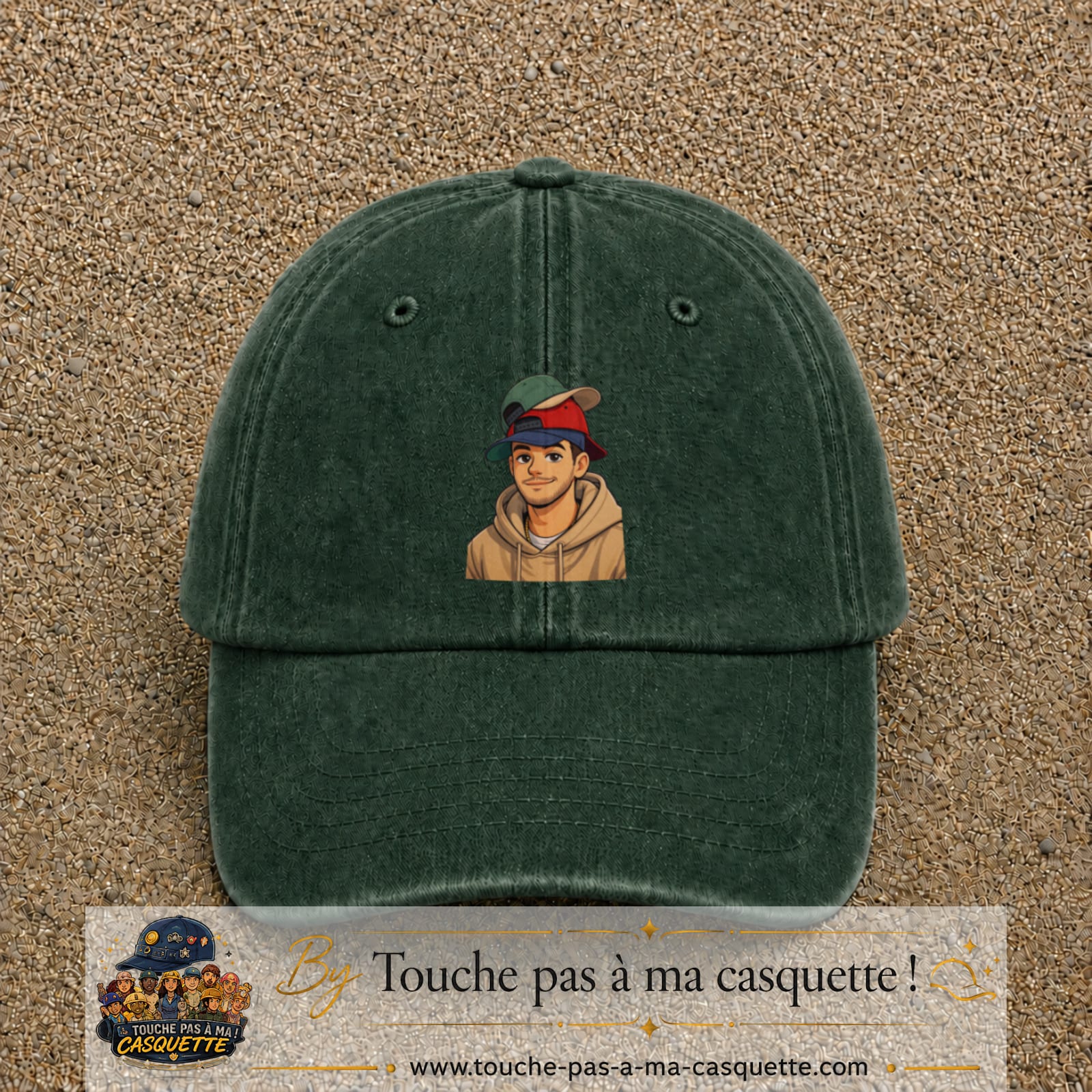 Casquette Vert foncé délavé 100% coton avec motif Portrait homme casquettes 7 cm - image principale