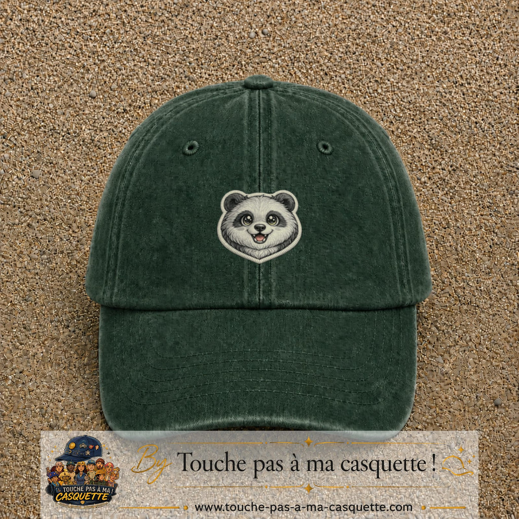 Casquette Vert foncé délavé motif Panda souriant 5 cm - vue principale