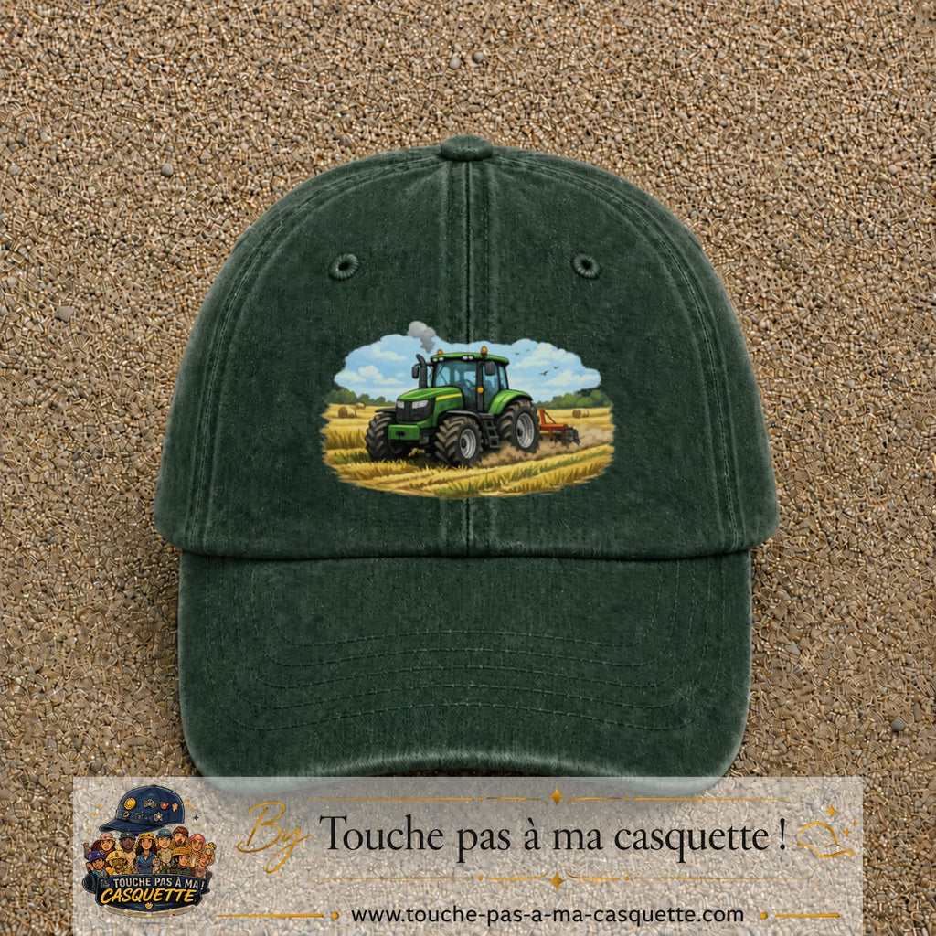 Casquette baseball Vert foncé délavé 100% coton avec motif Tracteur agricole 7 cm - image principale