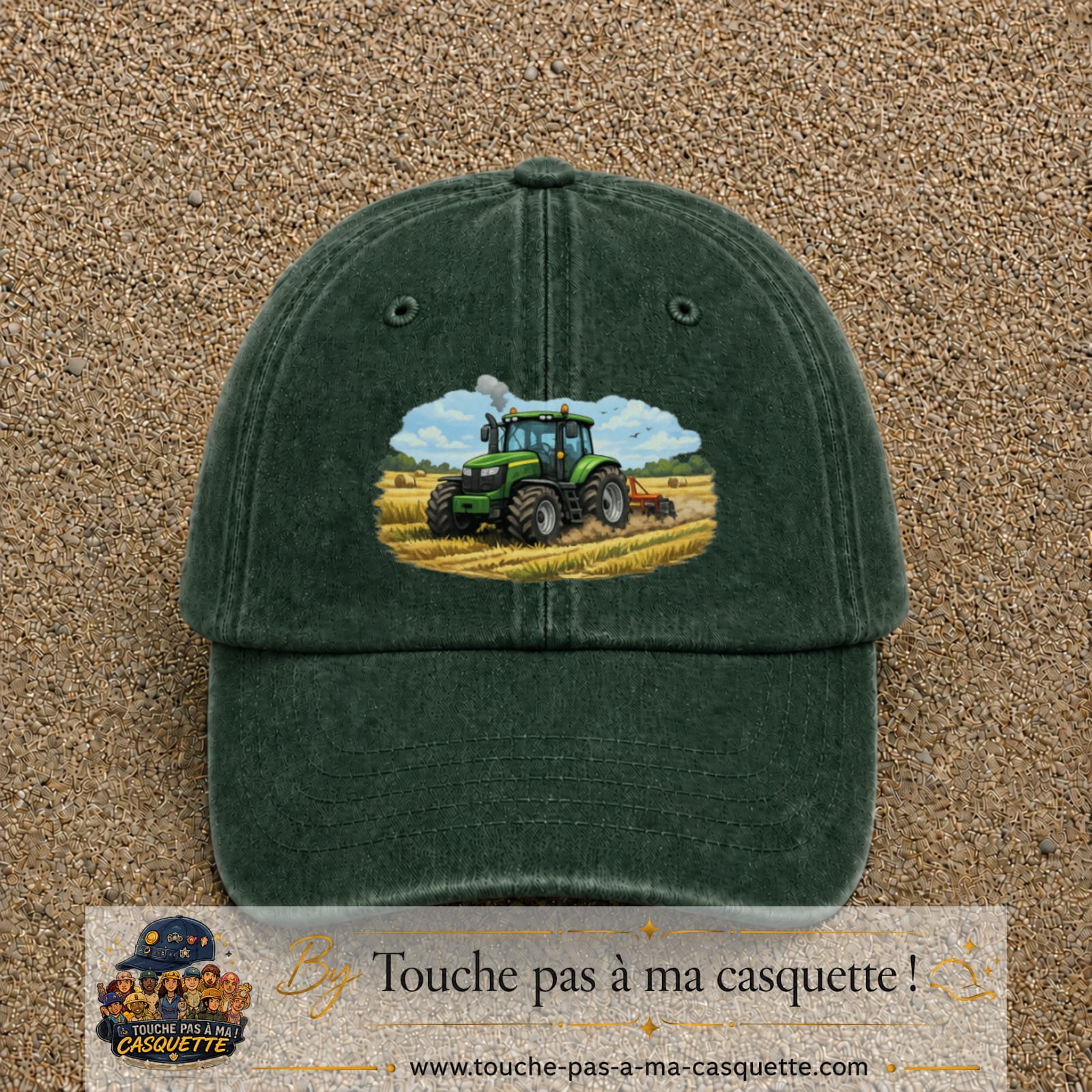 Casquette baseball Vert foncé délavé 100% coton avec motif Tracteur agricole 7 cm - image principale