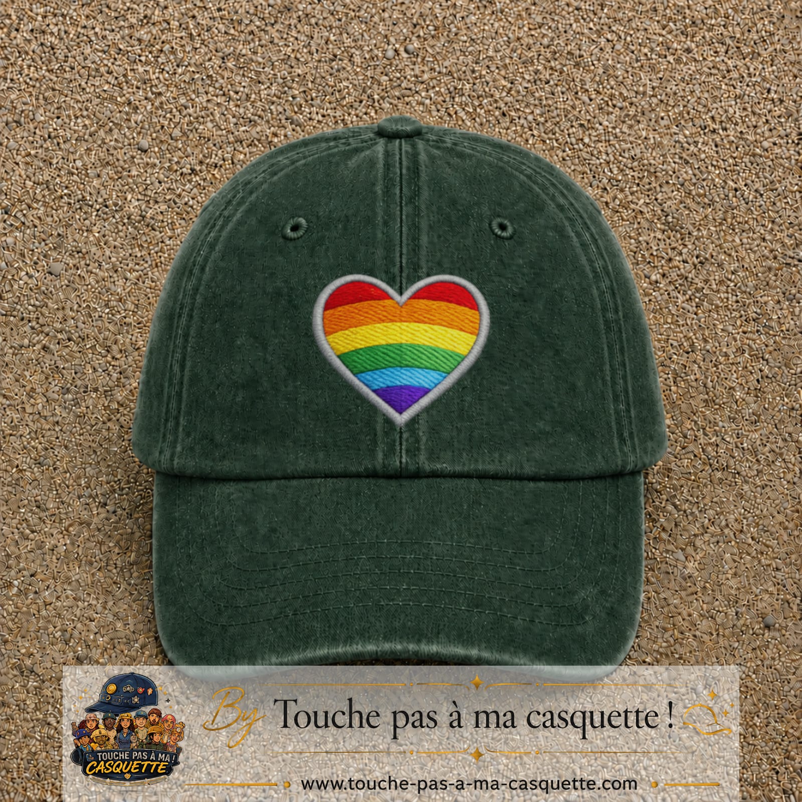Casquette baseball Vert foncé délavé 100% coton avec visuel Cœur arc-en-ciel 7 cm - image produit principale