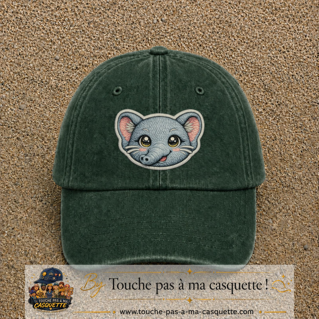 Casquette Vert foncé délavé motif Éléphant kawaii 7 cm - vue principale