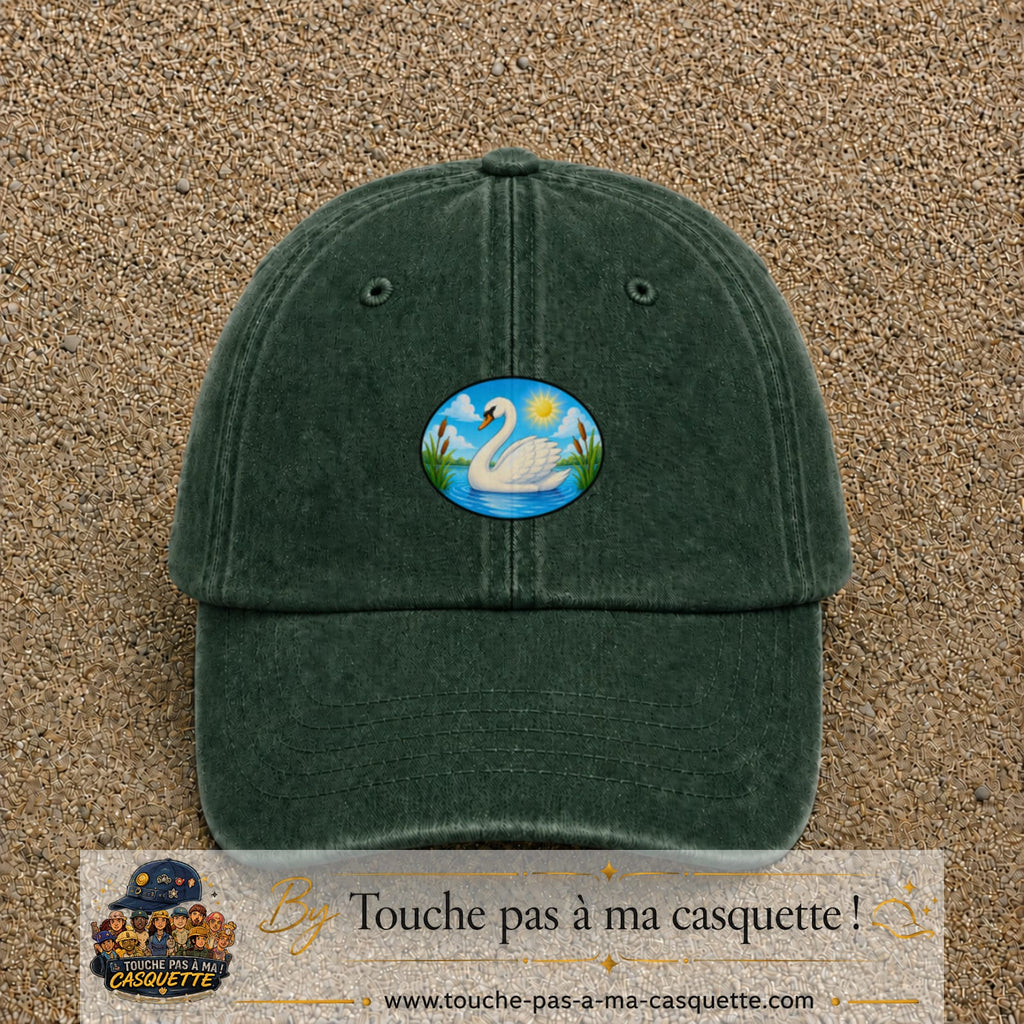 Casquette baseball Vert foncé délavé 100% coton avec visuel Cygne sur lac 5 cm - image produit principale