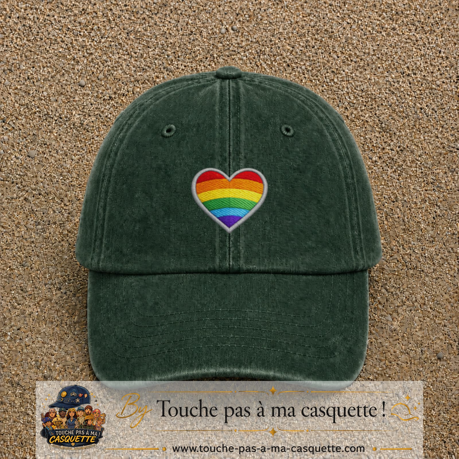 Casquette baseball Vert foncé délavé 100% coton avec visuel Cœur arc-en-ciel 5 cm - image produit principale