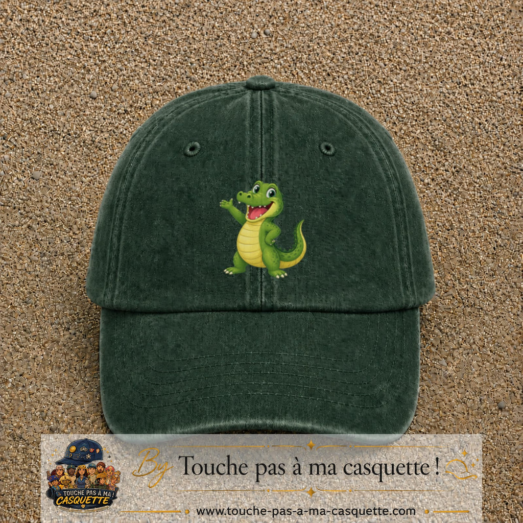 Casquette Vert foncé délavé 100% coton avec motif Crocodile joyeux 7 cm - image principale