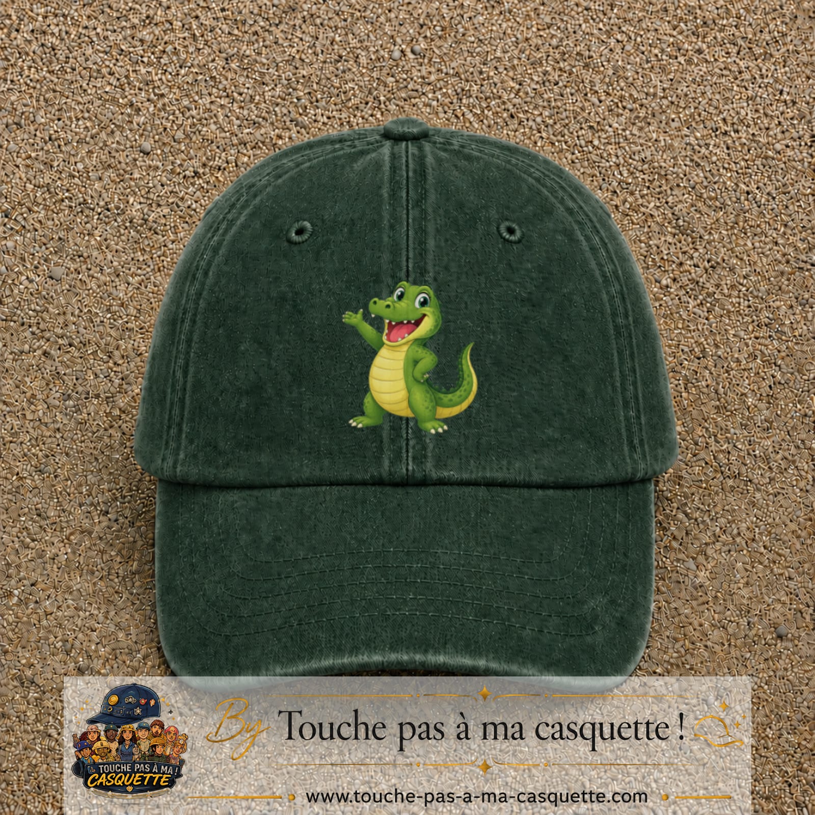 Casquette Vert foncé délavé 100% coton avec motif Crocodile joyeux 7 cm - image principale
